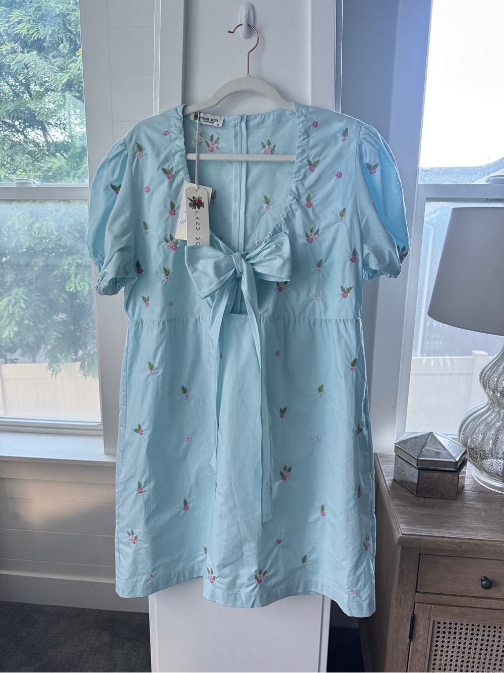 Fanm Mon Blue Embroidered Cotton Tie Front Babydoll Mini Dress XL NWT - Picture 2 of 6